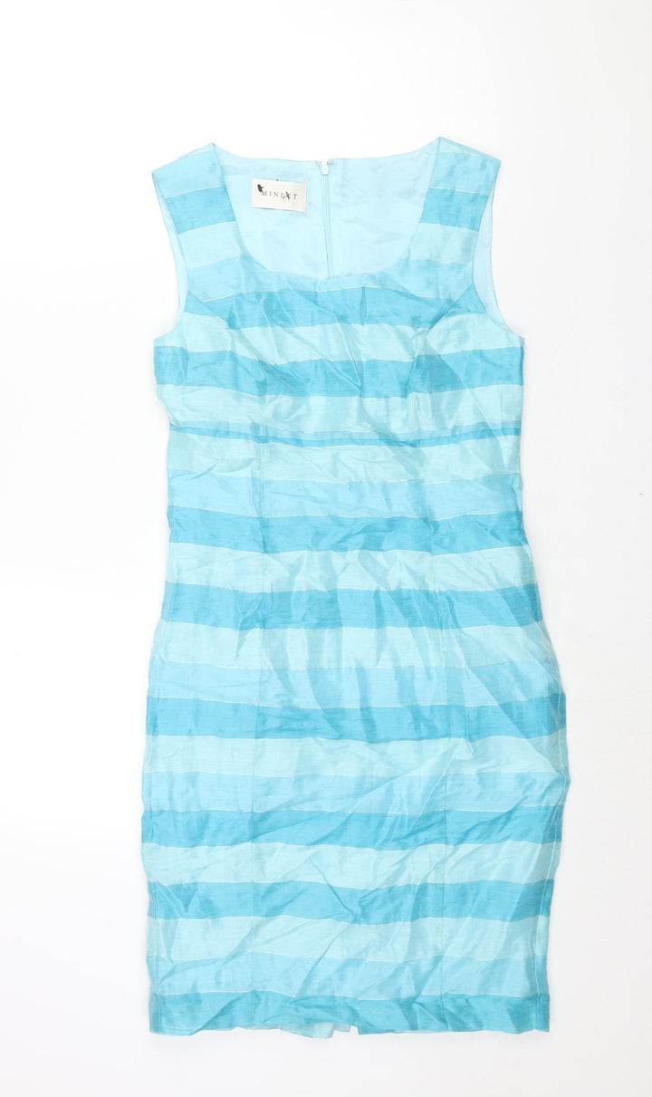 Minuet Womens Blue Striped Linen Pencil Dress Size 8 Scoop Neck Zip