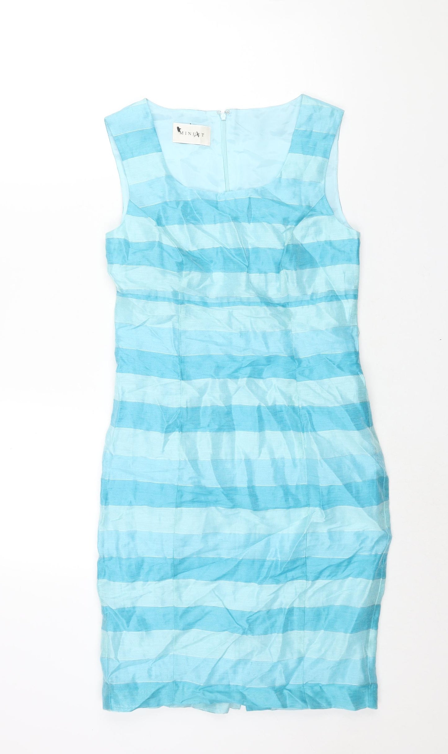 Minuet Womens Blue Striped Linen Pencil Dress Size 8 Scoop Neck Zip
