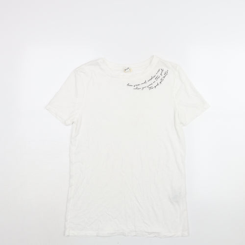 River Island Womens White Cotton Basic T-Shirt Size 6 Round Neck - Embroidered Text