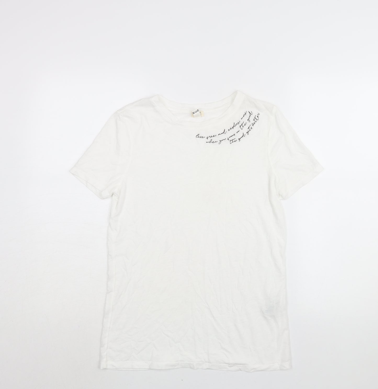River Island Womens White Cotton Basic T-Shirt Size 6 Round Neck - Embroidered Text