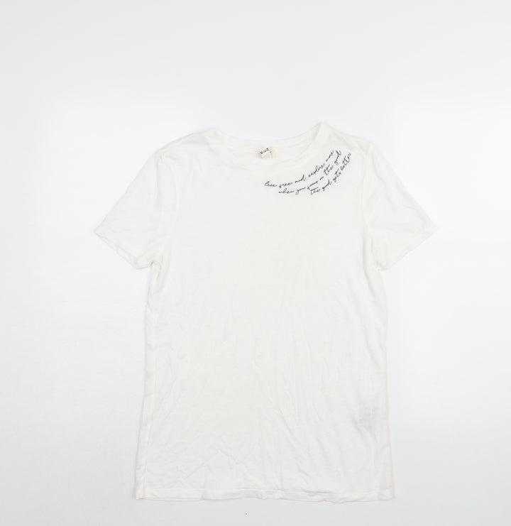 River Island Womens White Cotton Basic T-Shirt Size 6 Round Neck - Embroidered Text