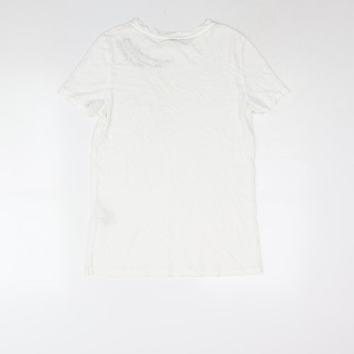 River Island Womens White Cotton Basic T-Shirt Size 6 Round Neck - Embroidered Text