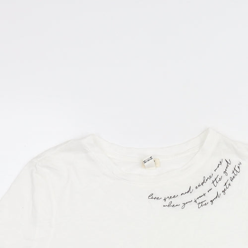 River Island Womens White Cotton Basic T-Shirt Size 6 Round Neck - Embroidered Text