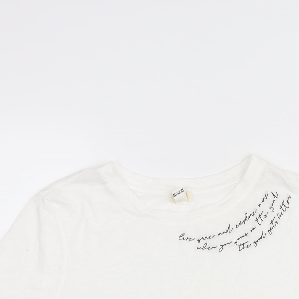 River Island Womens White Cotton Basic T-Shirt Size 6 Round Neck - Embroidered Text