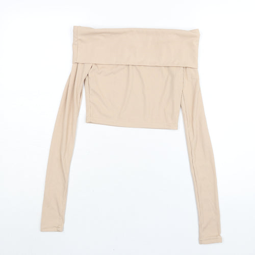 PRETTYLITTLETHING Womens Beige Polyester Cropped Blouse Size 8 Off the Shoulder