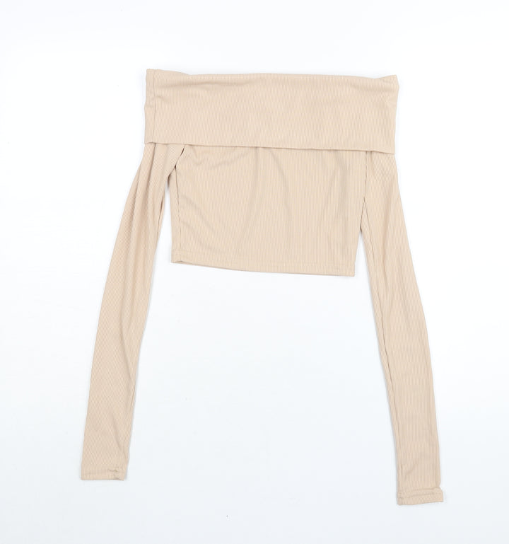 PRETTYLITTLETHING Womens Beige Polyester Cropped Blouse Size 8 Off the Shoulder