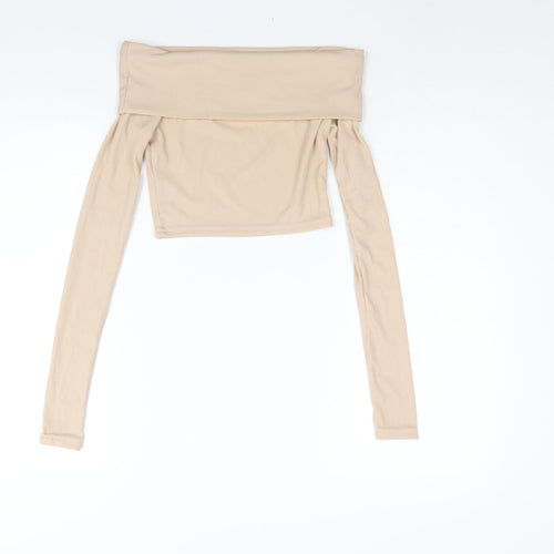 PRETTYLITTLETHING Womens Beige Polyester Cropped Blouse Size 8 Off the Shoulder