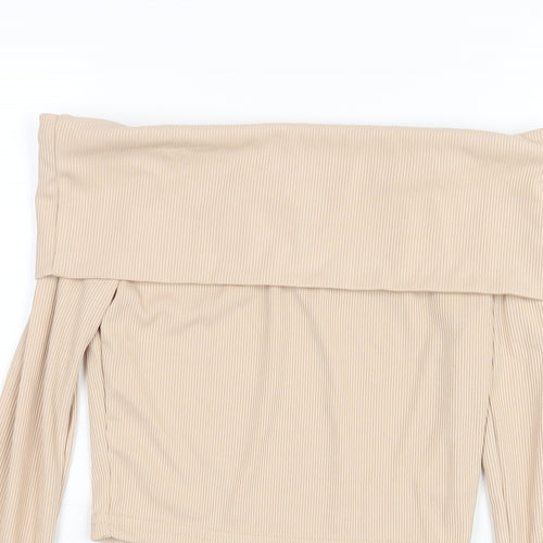 PRETTYLITTLETHING Womens Beige Polyester Cropped Blouse Size 8 Off the Shoulder