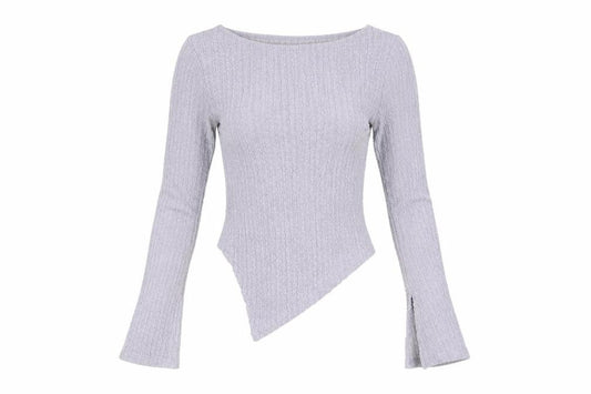Front view of Urban Outfitters women’s purple polyester basic blouse, round neck - asymmetric hem crinkle look vented cuffs