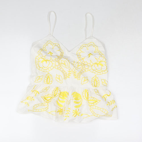 River Island Womens White Cotton Camisole Blouse Size 10 V-Neck - Embroidered Detail Peplum Cut Out