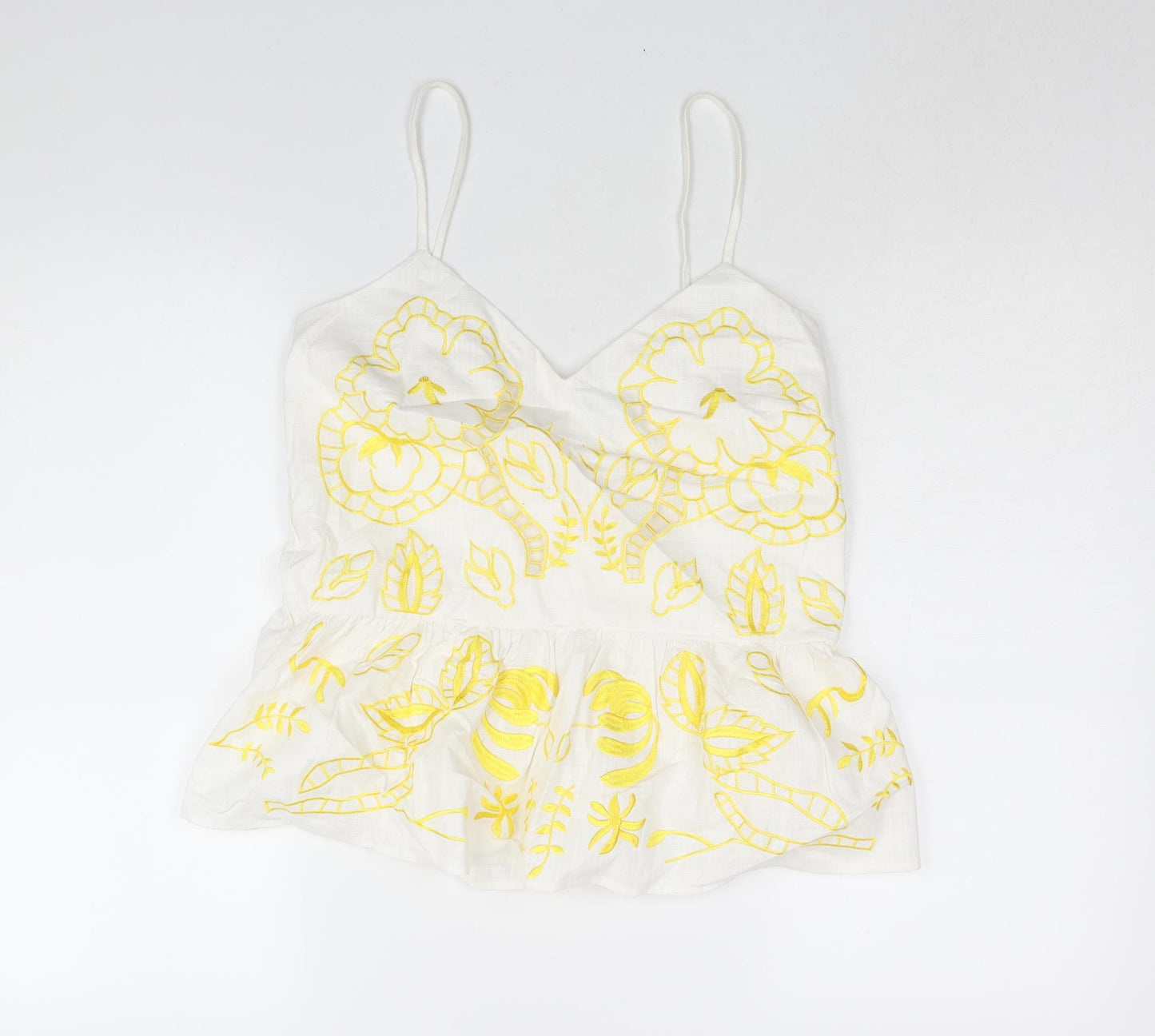 River Island Womens White Cotton Camisole Blouse Size 10 V-Neck - Embroidered Detail Peplum Cut Out