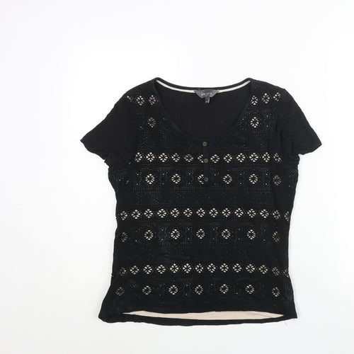 Per Una Womens Black Cotton Basic Blouse Size 10 Round Neck - Fair Isle Cut Out Button Detail