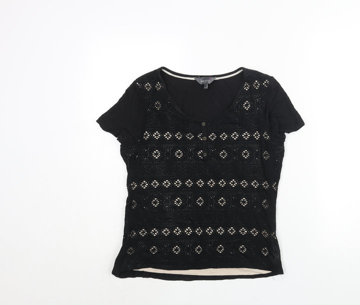 Per Una Womens Black Cotton Basic Blouse Size 10 Round Neck - Fair Isle Cut Out Button Detail
