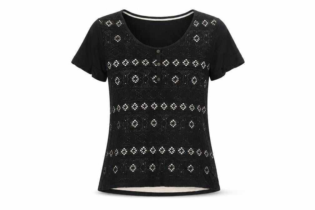 Front view of Per Una women’s black cotton basic blouse, size UK 10, round neck - fair isle cut out button detail