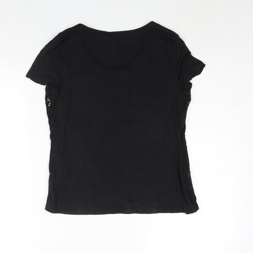 Per Una Womens Black Cotton Basic Blouse Size 10 Round Neck - Fair Isle Cut Out Button Detail