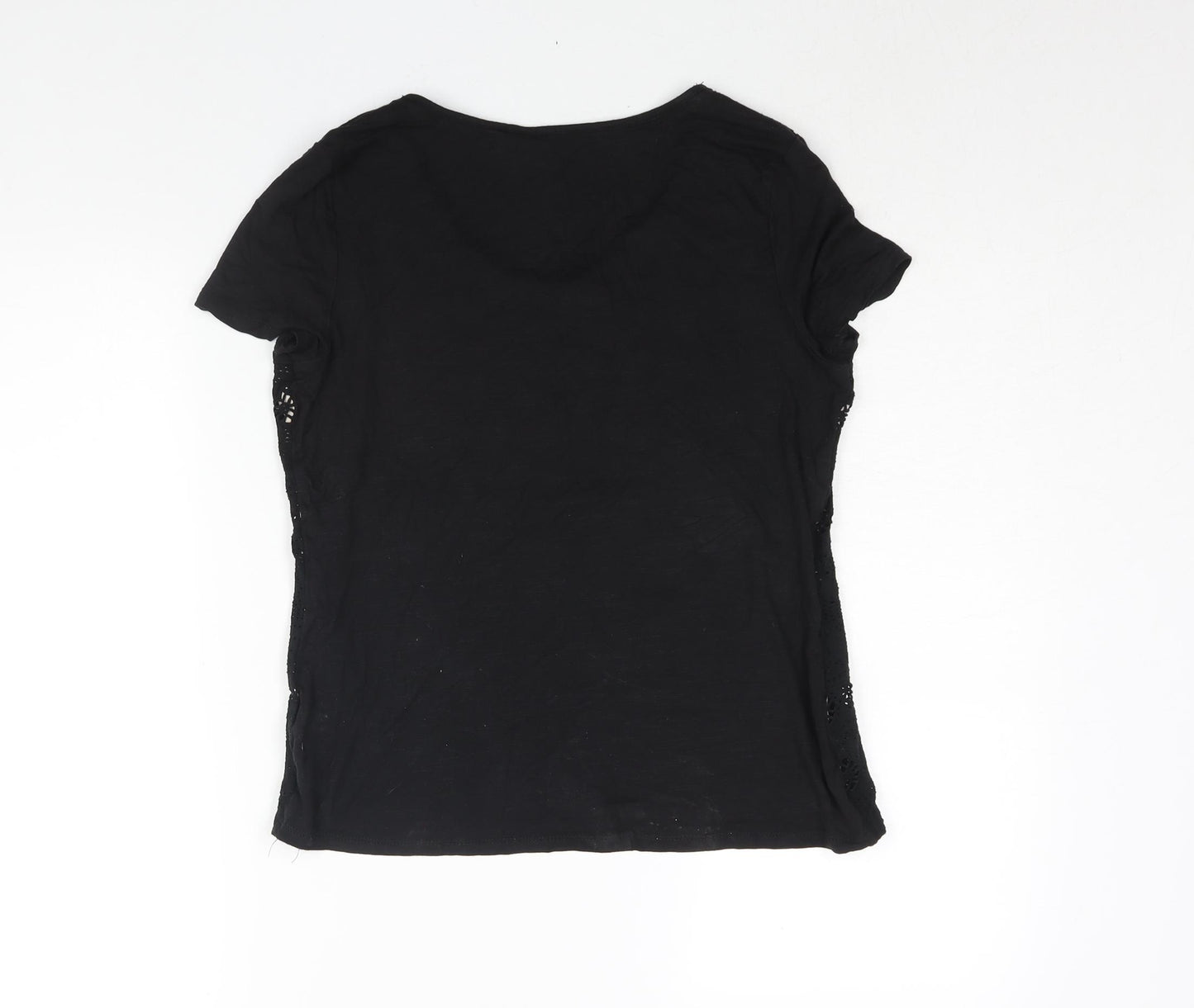 Per Una Womens Black Cotton Basic Blouse Size 10 Round Neck - Fair Isle Cut Out Button Detail