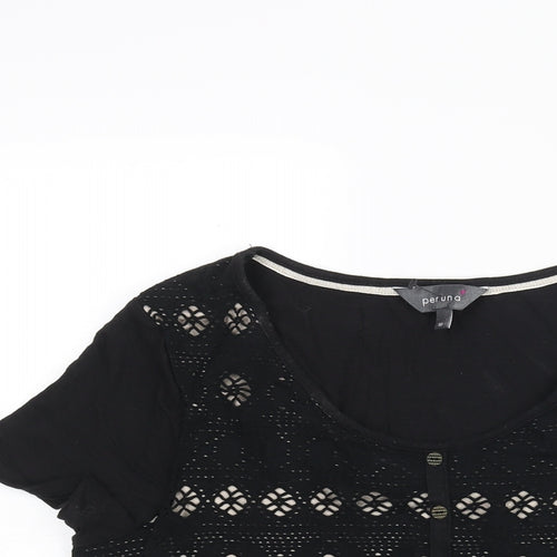 Per Una Womens Black Cotton Basic Blouse Size 10 Round Neck - Fair Isle Cut Out Button Detail