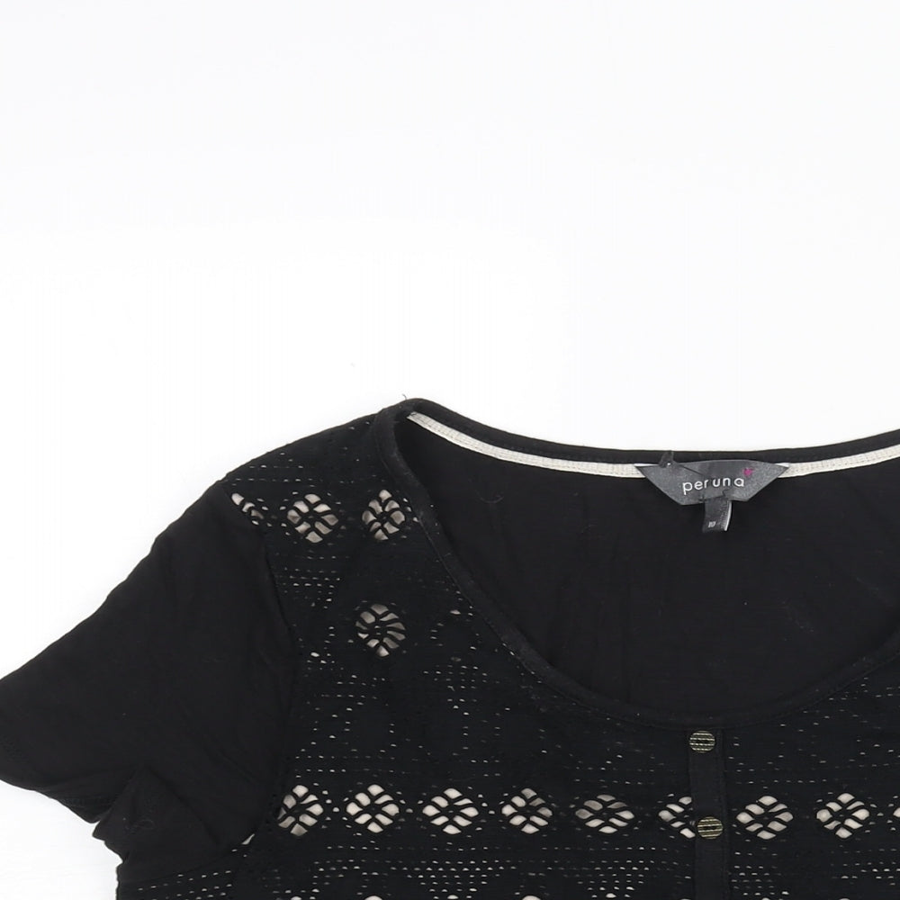 Per Una Womens Black Cotton Basic Blouse Size 10 Round Neck - Fair Isle Cut Out Button Detail