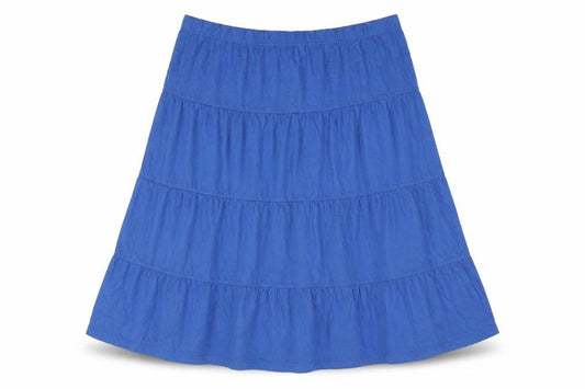 Front view of American Sweetheart women’s blue cotton a-line skirt, size UK 39, in