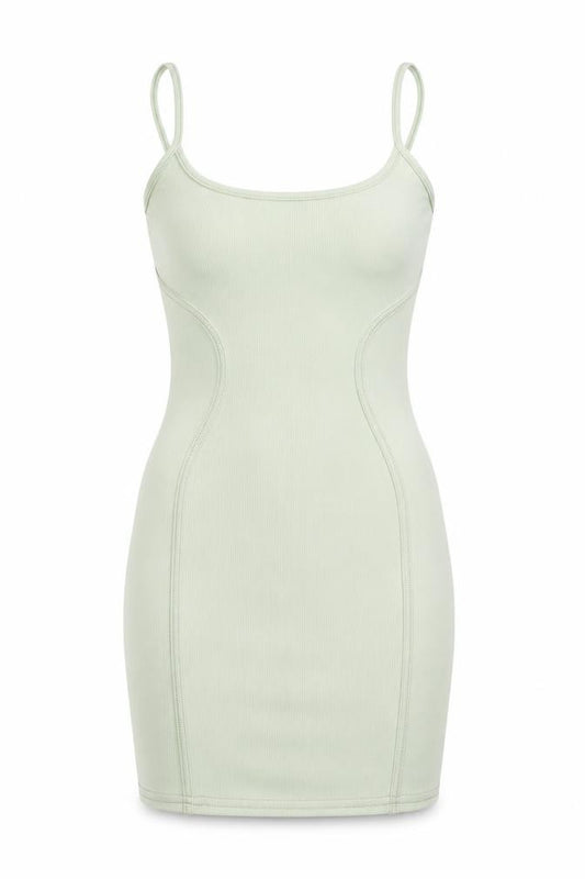 Front view of PRETTYLITTLETHING women’s green polyester bodycon, size UK 8, scoop neck pullover - seam detail
