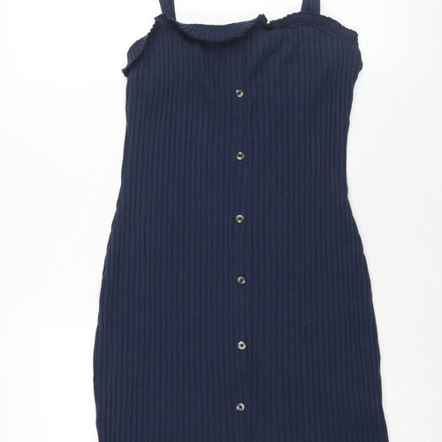 ASOS Womens Blue Polyester Shift Size 12 Square Neck Pullover - Ribbed Button Detail Frill