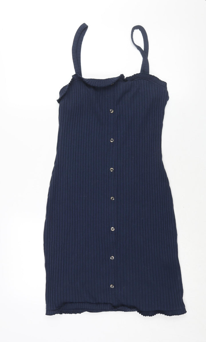 ASOS Womens Blue Polyester Shift Size 12 Square Neck Pullover - Ribbed Button Detail Frill