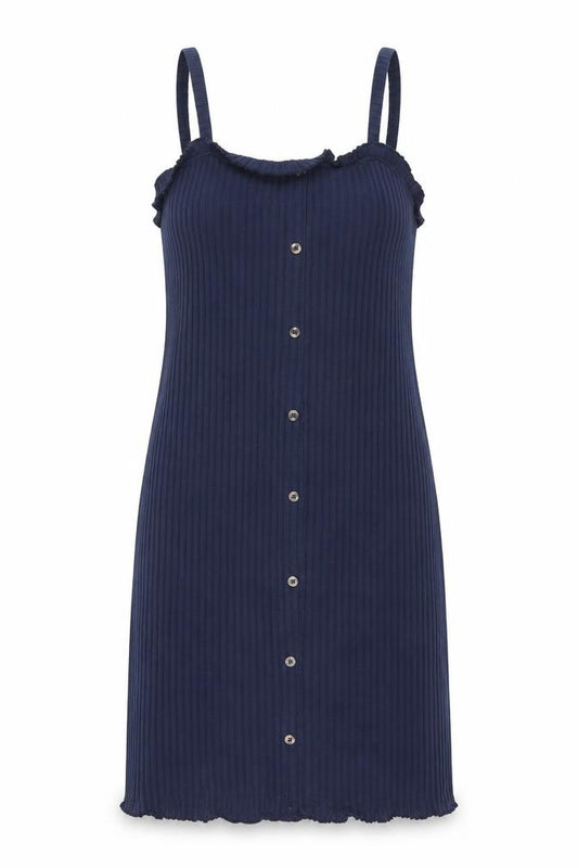Front view of ASOS women’s blue polyester shift, size UK 12, square neck pullover - ribbed button detail frill