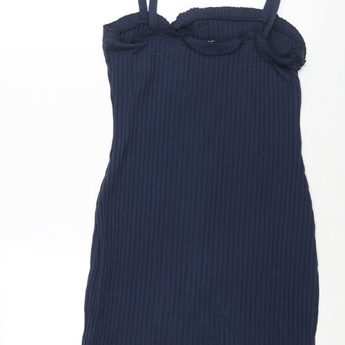 ASOS Womens Blue Polyester Shift Size 12 Square Neck Pullover - Ribbed Button Detail Frill