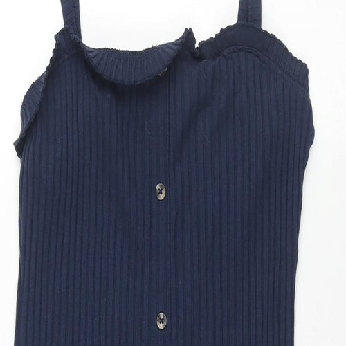 ASOS Womens Blue Polyester Shift Size 12 Square Neck Pullover - Ribbed Button Detail Frill