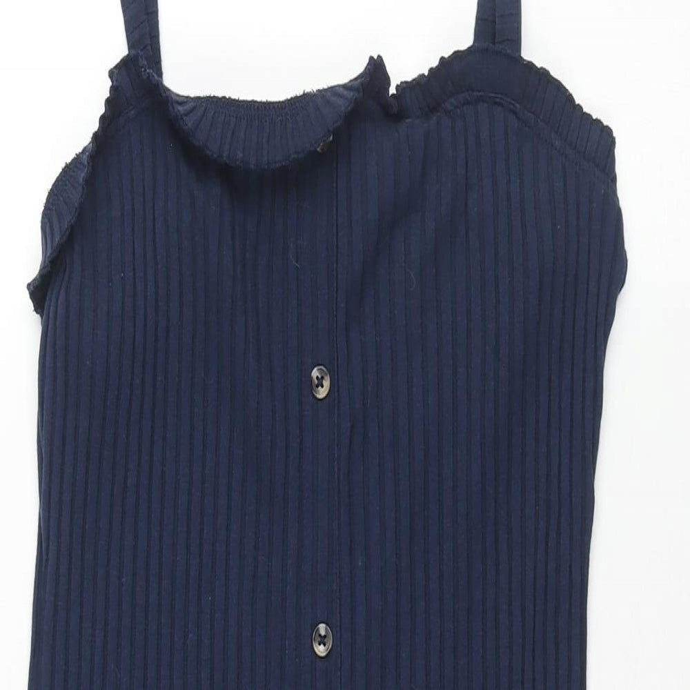 ASOS Womens Blue Polyester Shift Size 12 Square Neck Pullover - Ribbed Button Detail Frill
