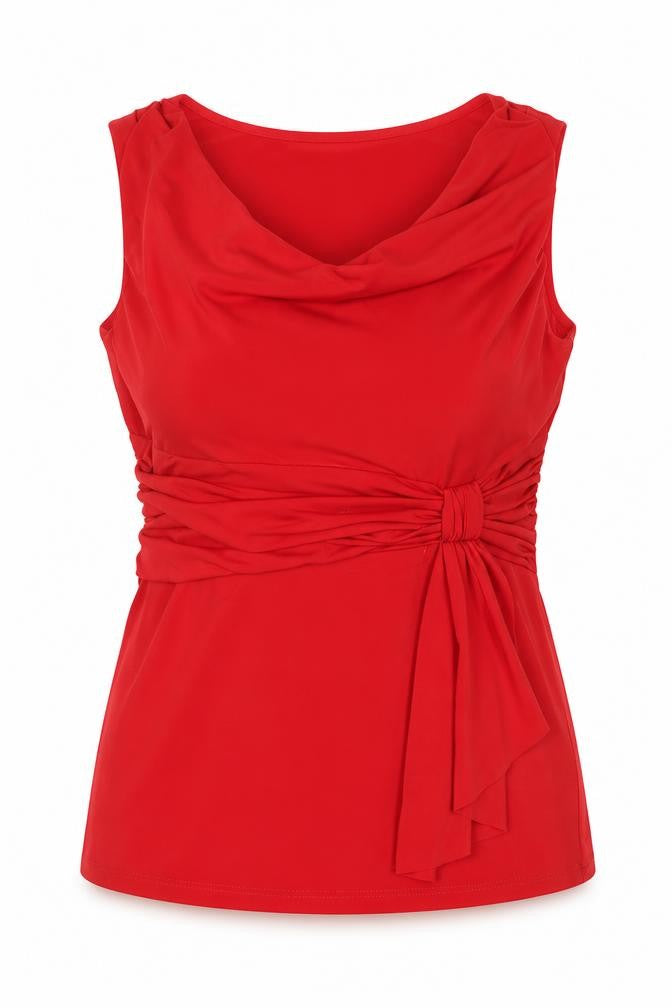 Front view of Julien Macdonald women’s red polyester basic blouse, size UK 14, cowl neck - rouched detail