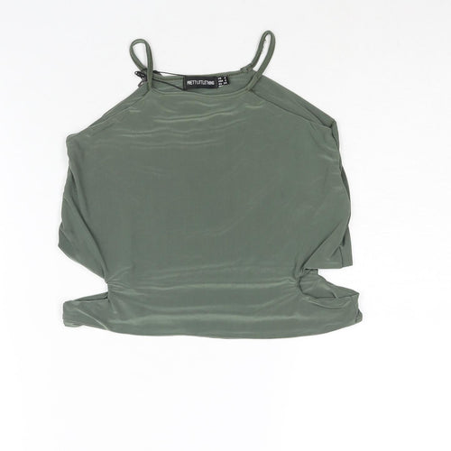 PRETTYLITTLETHING Womens Green Polyester Camisole Blouse Size 8 Square Neck - Cut Out Detail