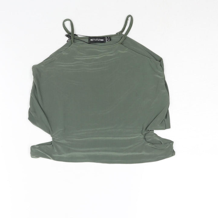 PRETTYLITTLETHING Womens Green Polyester Camisole Blouse Size 8 Square Neck - Cut Out Detail