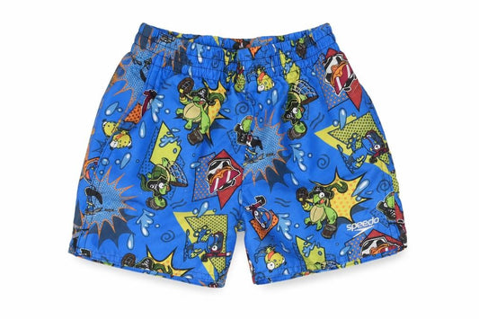 Front view of Speedo boys’ blue geometric polyester sweatpants, size 18-24, months pullover - cartoon print logo swim shorts