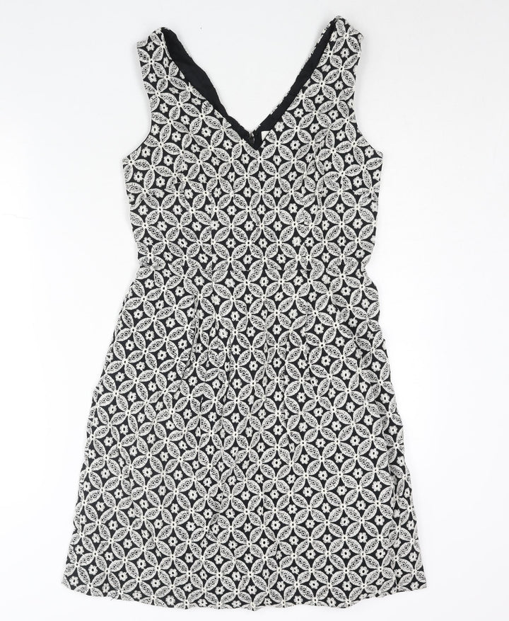 Monsoon Womens White Geometric Cotton A-Line Size 10 V-Neck Zip - Embroidered