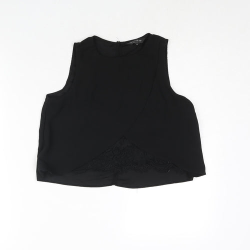 Miss Selfridge Womens Black Polyester Cropped Blouse Size 8 Round Neck - Lace Panel