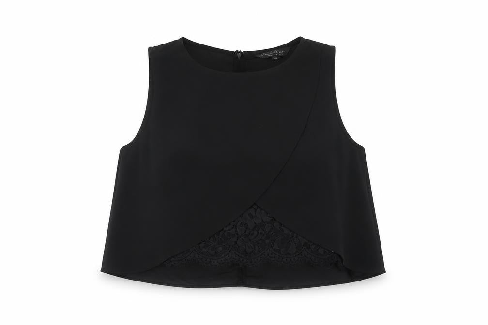 Front view of Miss Selfridge women’s black polyester cropped blouse, size UK 8, round neck - lace panel