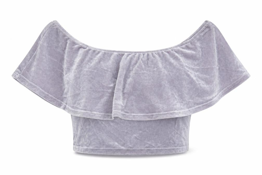 Front view of River Island women’s purple polyester cropped blouse, size UK 8, boat neck - frill