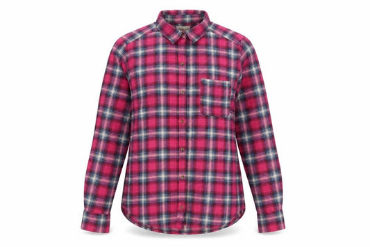 Front view of Hollister women’s pink check cotton basic button-up, size S, collared