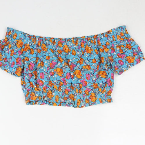 Topshop Womens Blue Floral Cotton Cropped Blouse Size 10 Boat Neck - Rouched