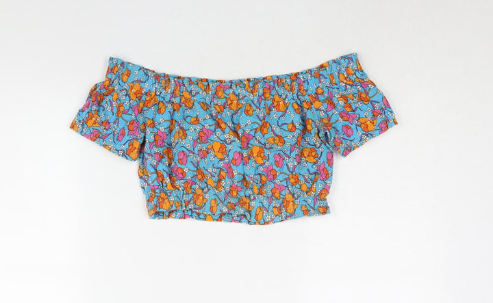 Topshop Womens Blue Floral Cotton Cropped Blouse Size 10 Boat Neck - Rouched