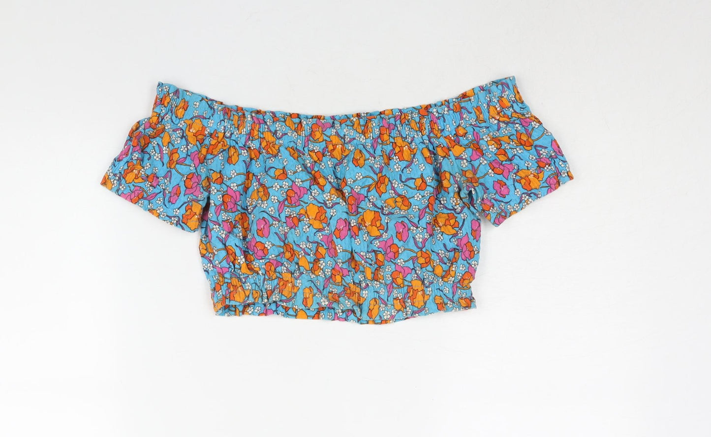 Topshop Womens Blue Floral Cotton Cropped Blouse Size 10 Boat Neck - Rouched