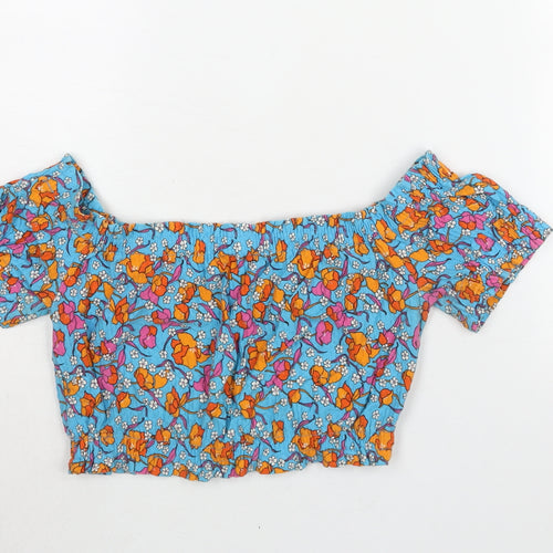 Topshop Womens Blue Floral Cotton Cropped Blouse Size 10 Boat Neck - Rouched