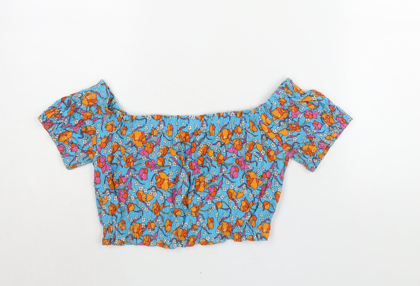 Topshop Womens Blue Floral Cotton Cropped Blouse Size 10 Boat Neck - Rouched