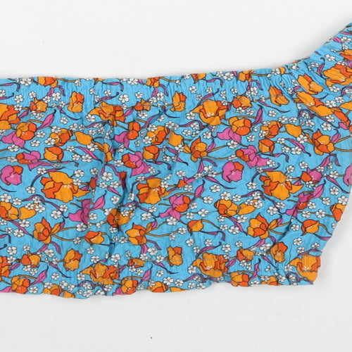 Topshop Womens Blue Floral Cotton Cropped Blouse Size 10 Boat Neck - Rouched