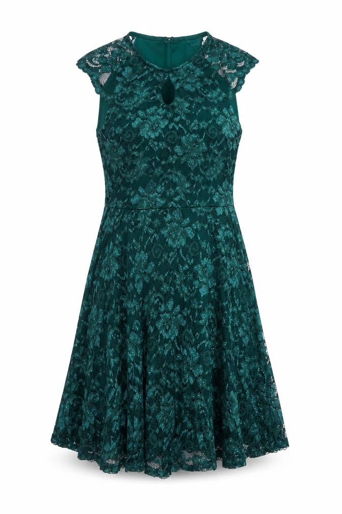 Front view of Select women’s green polyester fit & flare, size UK 14, round neck pullover - keyhole neck