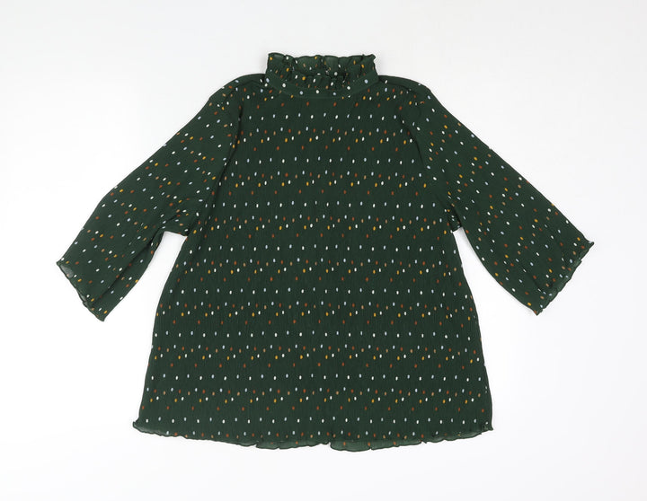 Monki Womens Green Polka Dot Polyester Basic Blouse Size S Mock Neck - Plisse Frill