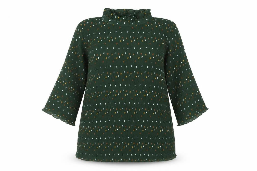 Front view of Monki women’s green polka dot polyester basic blouse, size S, mock neck - plisse frill