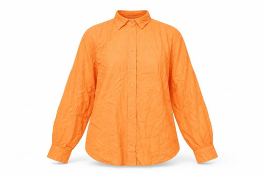 Front view of Stradivarius women’s orange viscose basic button-up, size M, collared