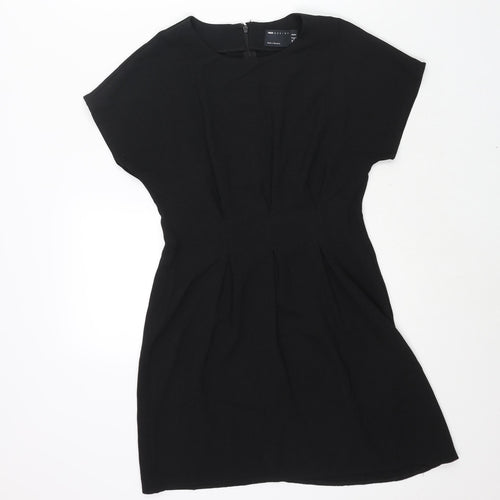 ASOS Womens Black Polyester A-Line Size 8 Round Neck Zip - Pleat Detail
